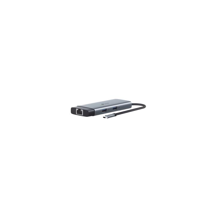 Adaptador HUB 6 en 1, 1 puerto USB-C entrada, 1 puerto HDMI 4K, 1 puerto Ethernet Gigabit, 1 puerto USB-C y 2 puertos