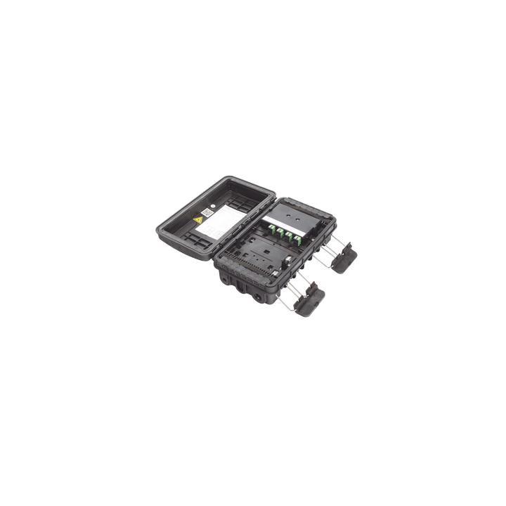 Caja de Distribución de Fibra Óptica para 24 Empalmes, con 8 acopladores SC/APC simplex, Exterior IP65, Color Negro