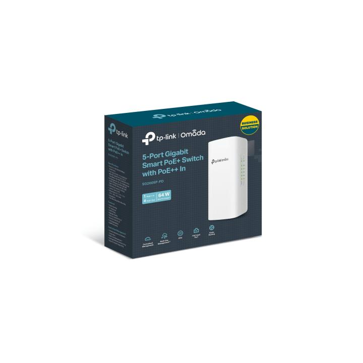 Switch PoE Omada Para Exterior / 1 Puerto PoE++ IN 802.3 af/at/bt / 4 Puertos PoE+ OUT Gigabit / Adminstración