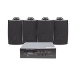 KIT de Amplificador de 120W para Escritorio | 4 Altavoces de Pared color Negro 2.5W - 20W | Sistema 70/100V