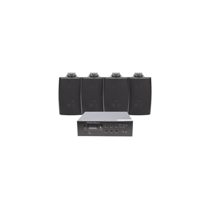 KIT de Amplificador de 120W para Escritorio | 4 Altavoces de Pared color Negro 2.5W - 20W | Sistema 70/100V