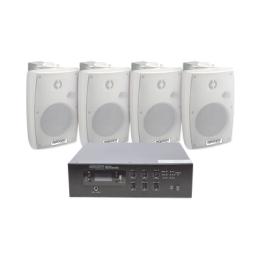 KIT de Amplificador de 120W para Escritorio | 4 Altavoces de Pared color Blanco 2.5W - 20W | Sistema 70/100V