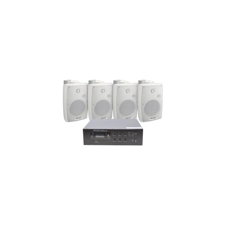 KIT de Amplificador de 120W para Escritorio | 4 Altavoces de Pared color Blanco 2.5W - 20W | Sistema 70/100V