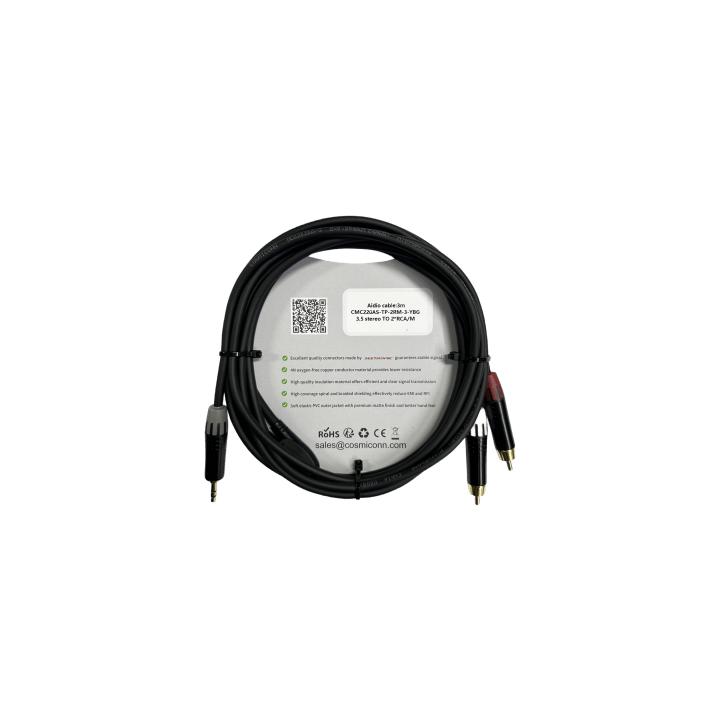 Cable 3.5mm a 2 RCA, conectores negros, con diferenciador de blanco y rojo en RCA MT380-RD - MT380-WH - MTP3C-BG,