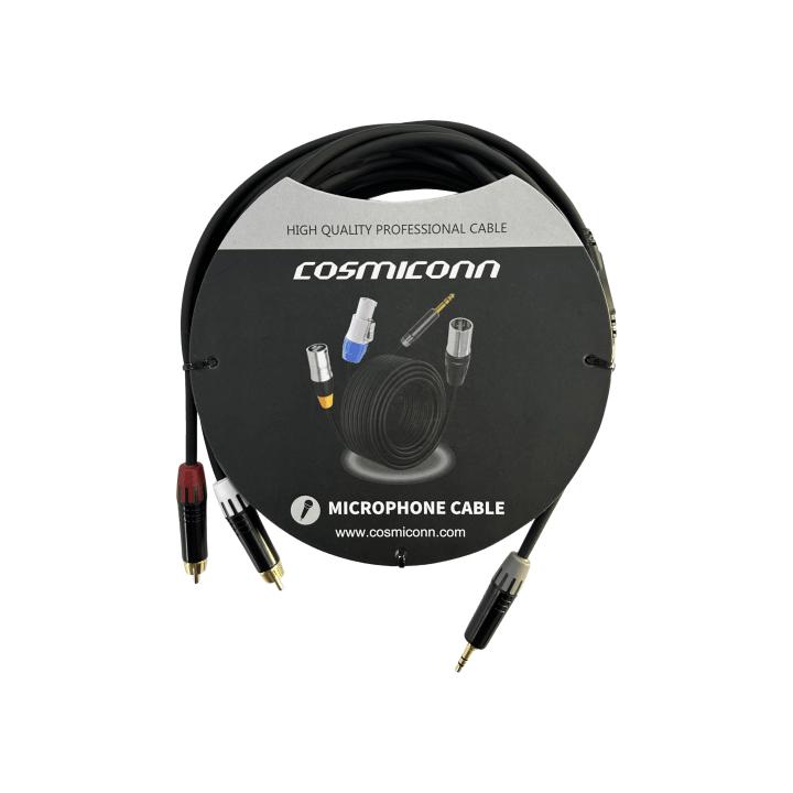 Cable 3.5mm a 2 RCA, conectores negros, con diferenciador de blanco y rojo en RCA MT380-RD - MT380-WH - MTP3C-BG,