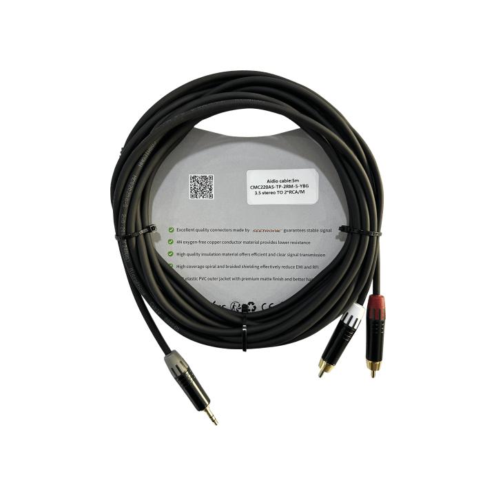 Cable 3.5mm a 2 RCA, conectores negros, con diferenciador de blanco y rojo en RCA MT380-RD - MT380-WH - MTP3C-BG,