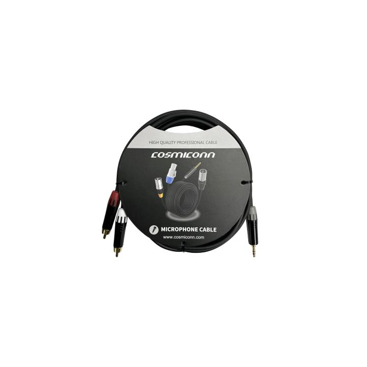 Cable 3.5mm a 2 RCA, conectores negros, con diferenciador de blanco y rojo en RCA MT380-RD - MT380-WH - MTP3C-BG,