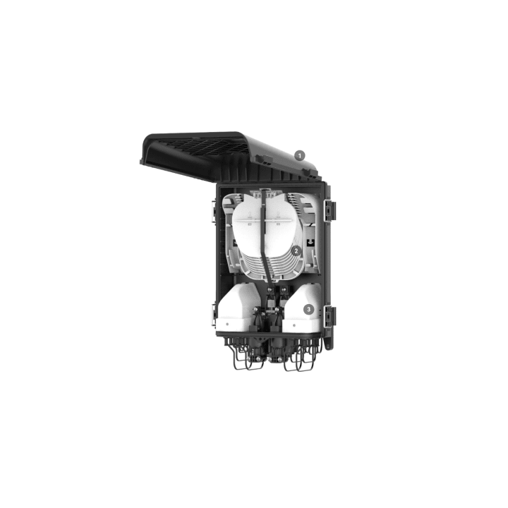 HUB Box Preconectorizada EASYCONN® de FiberHome para Exterior, IP68, Hasta 96 Empalmes, Incluye 2 Splitters 1*4