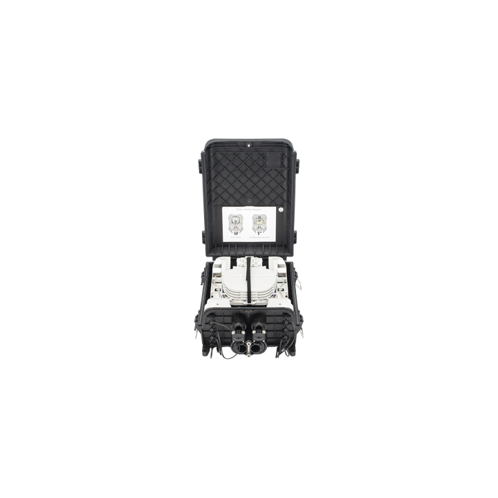 HUB Box Preconectorizada EASYCONN® de FiberHome para Exterior, IP68, Hasta 96 Empalmes, Incluye 2 Splitters 1*4
