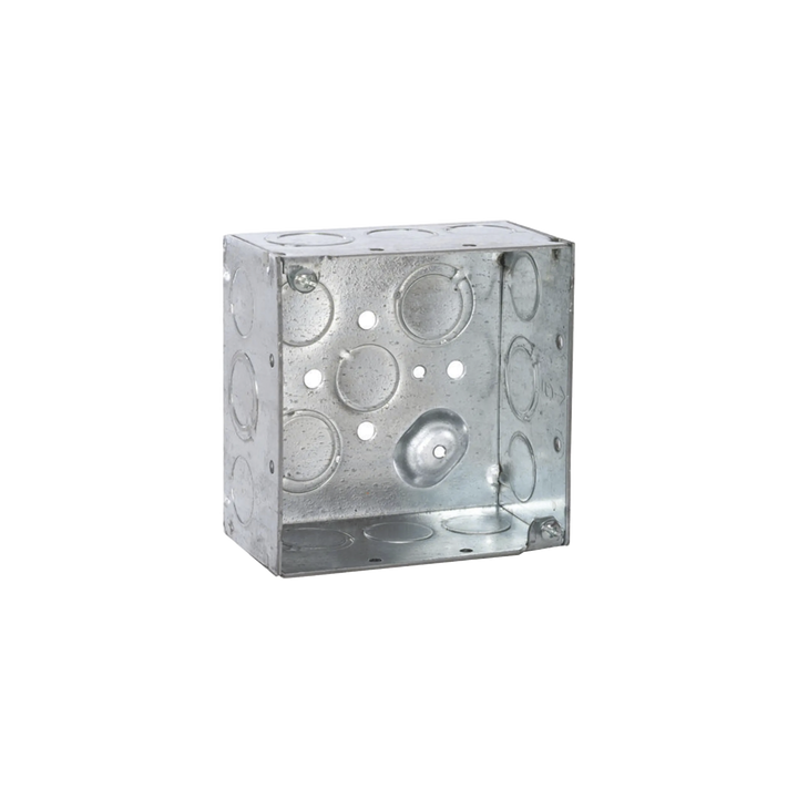 Caja Cuadrada Galvanizada  de 4" x 4", profundidad de 2 1/8". Cuenta con 10 KO de 1/2" y 6 TKO (1/2" - 3/4"))
