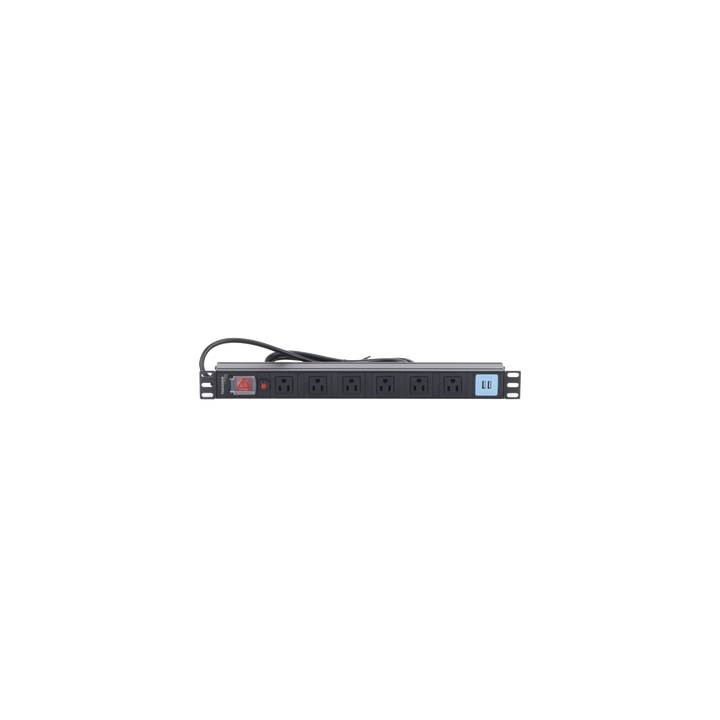 Tomacorriente Horizontal (PDU) de 6 contactos (NEMA 5-15R) + 2 USB para instalación en Rack de 19", 1UR, 125 Vca/ 15 A