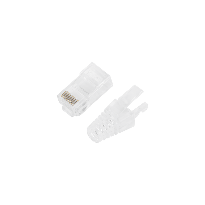 Bote con 50 Plugs Pass Through RJ45 Cat6 sin Blindaje, con Alivio de Tensión Incluido, Chapado de Oro a 30 Micras para