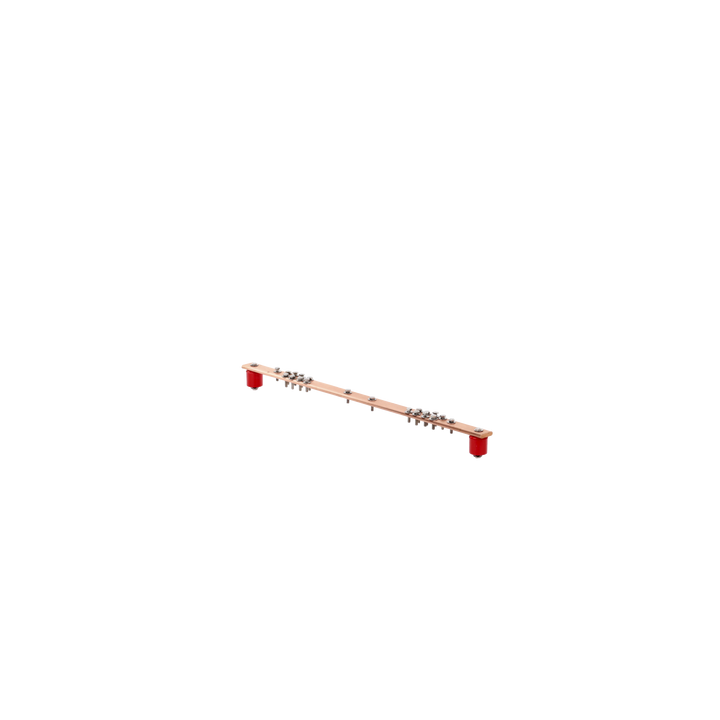 Barra Distribución Tierra Rack 19 in / Cobre 100% / 550A / Aisladores Rojos / 0.64 cm (0.25 in) / J-STD-607-A