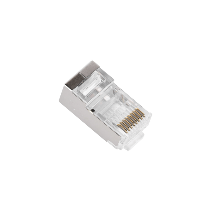 Bote con 100 Plugs Pass Through RJ45 Cat5e Blindado, Chapado de Oro a 30 Micras para Durabilidad Extrema
