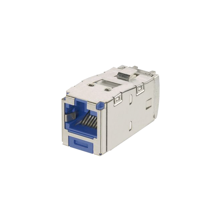 Conector Jack RJ45 Blindado, Llaveado Azul, Estilo TG, Mini-Com, Categoría 6A, de 8 Posiciones y 8 Cables, Color Azul