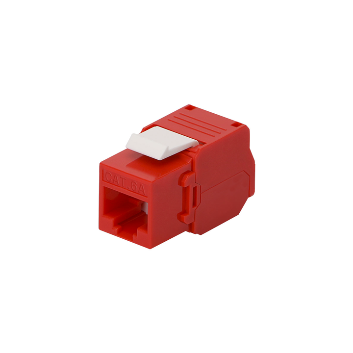 Módulo Jack Keystone Cat6A (Toolless), con Terminación en Ángulo 180 - Color Rojo, Compatible con Faceplate y