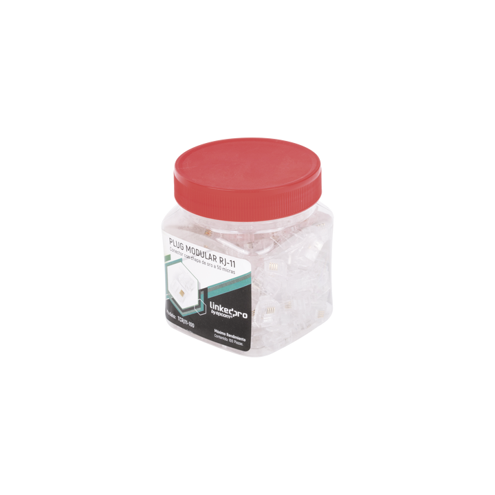 Bote con 100 Piezas de Plug Modular Tipo RJ11 de 4 Contactos Chapado de Oro a 50 Micras