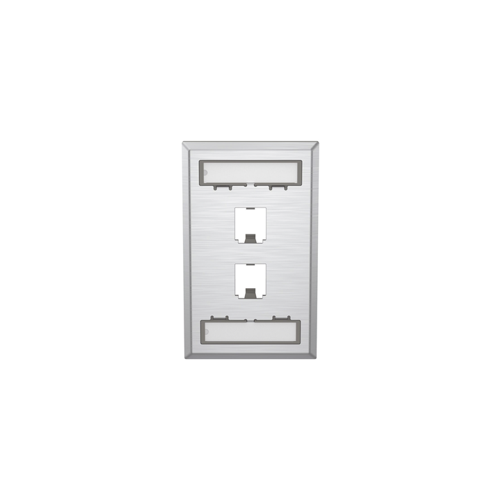 Placa de Pared Vertical, de Acero Inoxidable, Salida Para 2 Puertos Mini-Com, Con Espacios Para Etiquetas