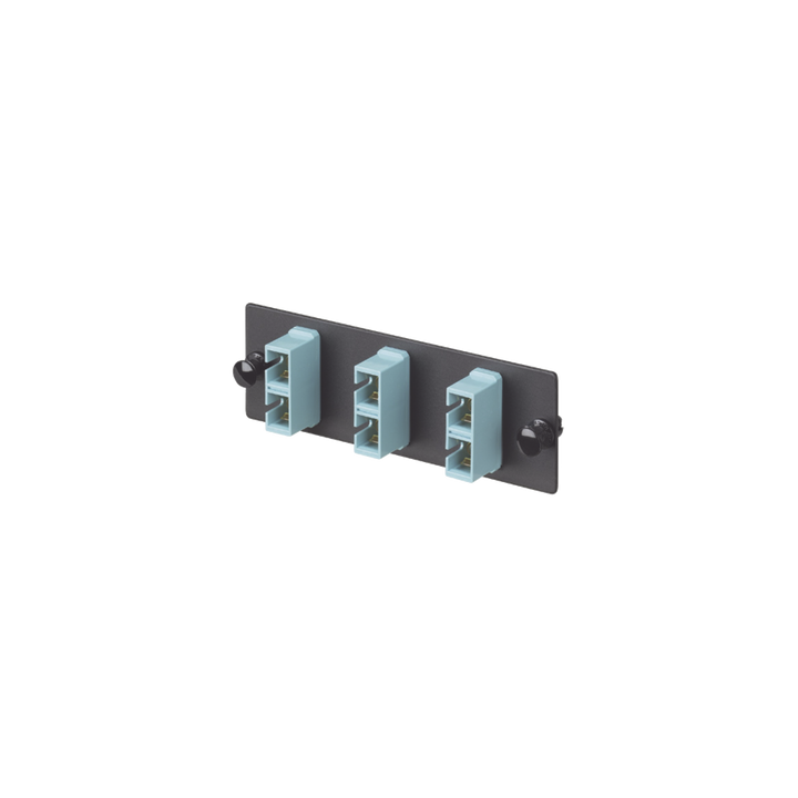 Placa Acopladora de Fibra Optica FAP, Con 3 Conectores SC Duplex (6 Fibras), Para Fibra Multimodo OM3/OM4, Color Aqua