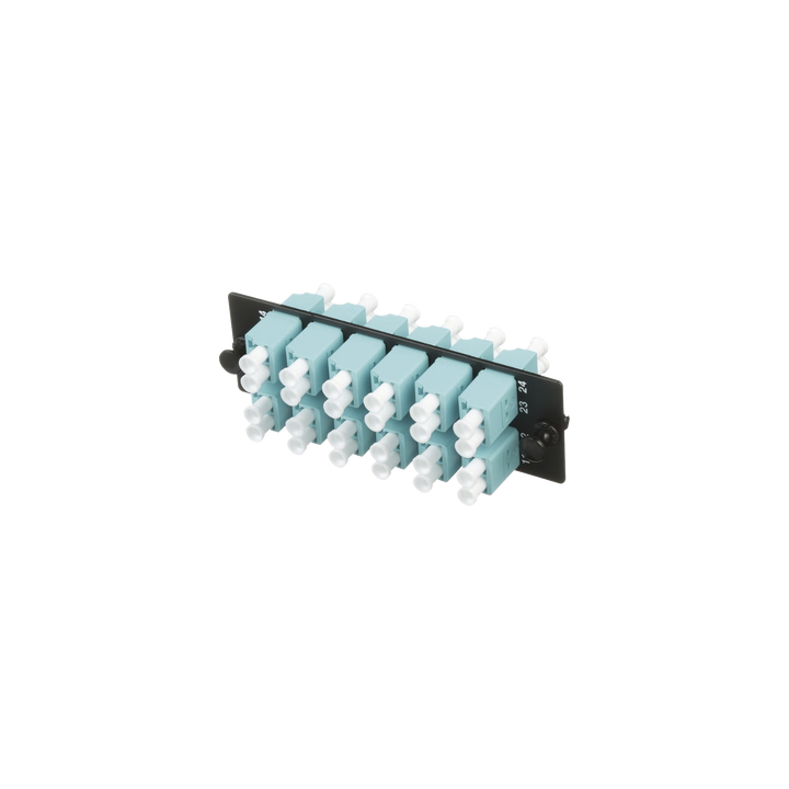 Placa Acopladora de Fibra Óptica FAP, con 12 Conectores LC Duplex (24 Fibras), para Fibra Multimodo OM3/OM4, Color Aqua