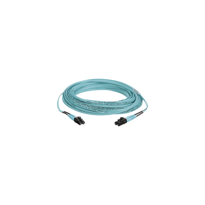 Jumper de Fibra Optica Multimodo 50/125 OM3, LC-LC Duplex, OFNR (Riser), Color Aqua, 15 Metros (49.21 Pies)