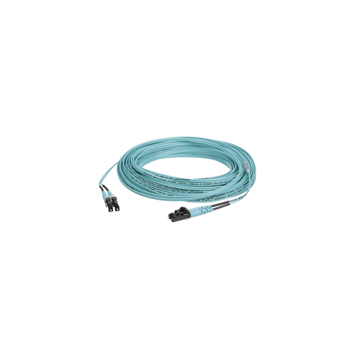 Jumper de Fibra Optica Multimodo 50/125 OM3, LC-LC Duplex, OFNR (Riser), Color Aqua, 15 Metros (49.21 Pies)