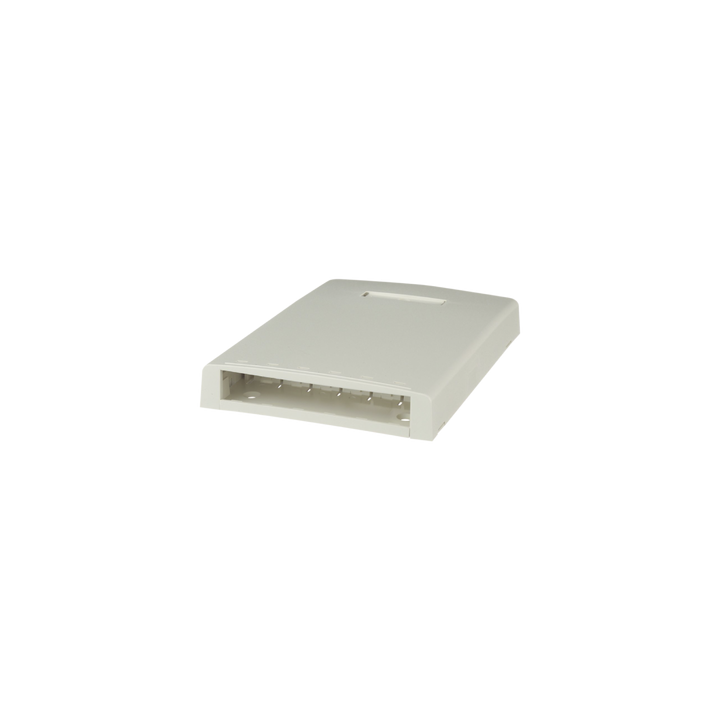 Caja de Montaje en Superficie, con Accesorio para Resguardo de Fibra Óptica, para 6 Módulos Mini-Com, Color Blanco