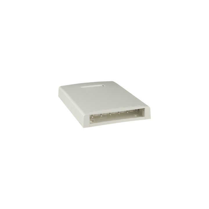 Caja de Montaje en Superficie, con Accesorio para Resguardo de Fibra Óptica, para 6 Módulos Mini-Com, Color Blanco