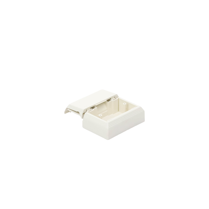 Caja Superficial Con Bisagras de Instalación a Presión, Para Canaletas T45, Material PVC Rígido, Color Blanco Mate