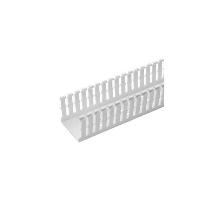 Canaleta Ranurada de PVC Sin Tapa, Tipo F, 57.2 mm de Ancho, 104.1 mm de Alto y 1.8 m de Largo, Color Blanco