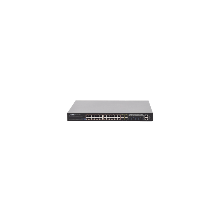 Switch Administrable Stacking Capa 3, 24 Puertos PoE 802.3af/at 10/100/1000T, Hasta 370 W,  4 Puertos 10G SFP+