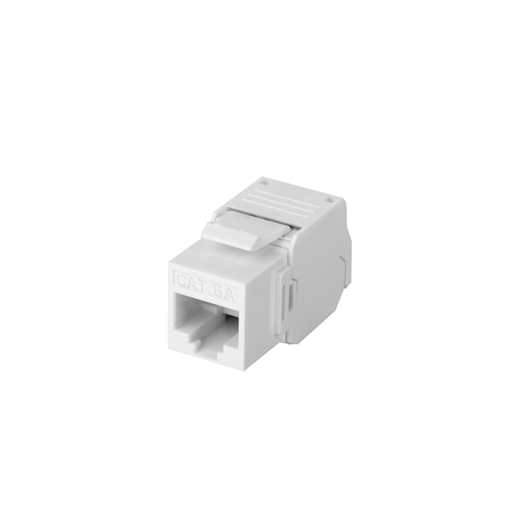 Módulo Jack Keystone Cat6A (Toolless), con Terminación en Ángulo 180 Grados Color Blanco, Compatible con Faceplate y