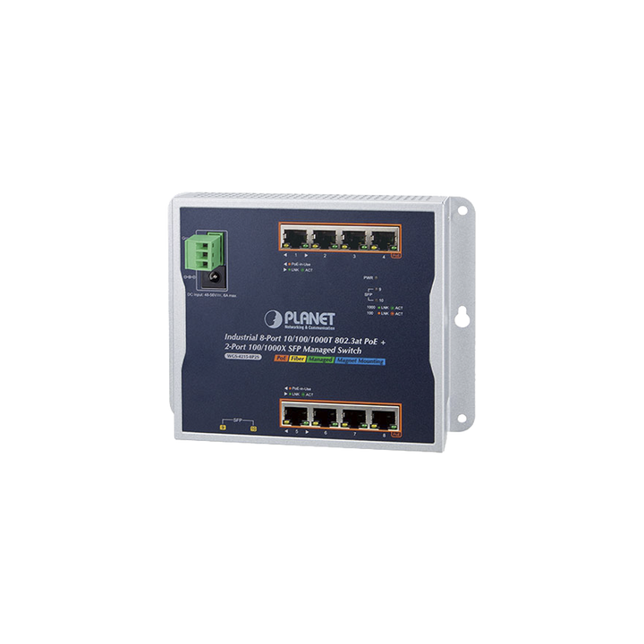Switch Industrial PoE Administrable de Pared Capa 2, 8 Puertos Gigabit PoE 802.3at y 2 Puertos 100/1000X SFP