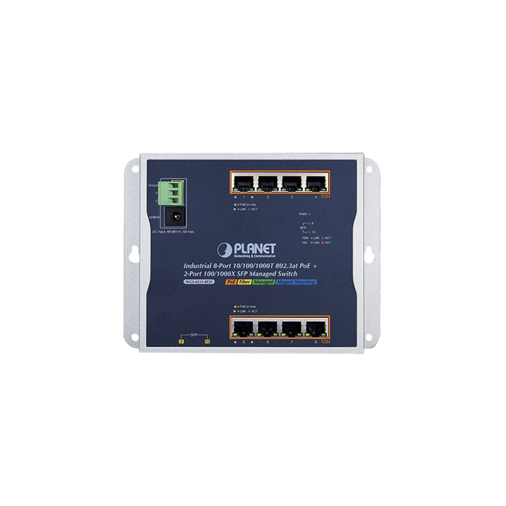 Switch Industrial PoE Administrable de Pared Capa 2, 8 Puertos Gigabit PoE 802.3at y 2 Puertos 100/1000X SFP