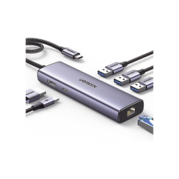 HUB USB-C (Docking Revodok) 6 en 1 | 3 Puertos USB-A 3.0 (5 Gbps) | USB-C PD 100W | HDMI 4K@30Hz | Entrada 1 RJ45