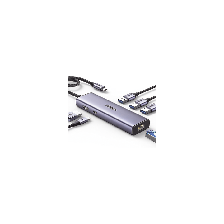 HUB USB-C (Docking Revodok) 6 en 1 | 3 Puertos USB-A 3.0 (5 Gbps) | USB-C PD 100W | HDMI 4K@30Hz | Entrada 1 RJ45