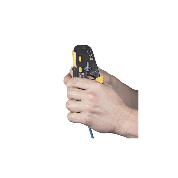 Ponchadora/Pelacables/Cortacables con Matraca para Conectores Pass-Thru RJ45 y Conectores Estándar RJ11/RJ12.