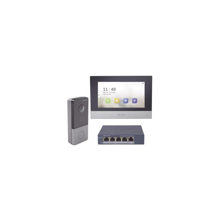 Kit de Videoportero IP + Switch Poe Poe Estandar con llamada a App de Smartphone (HikConnect) / Apertura con tarjeta